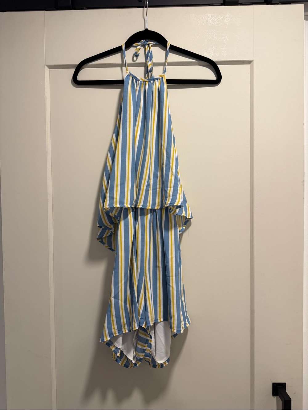 Blue Blush Striped Halter Romper in Blue, Yellow & White